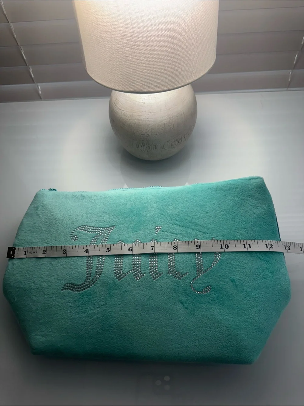 Juicy Couture Teal Mint Blue Velour Velvet Cosmetic Bag Soft Rhinestone